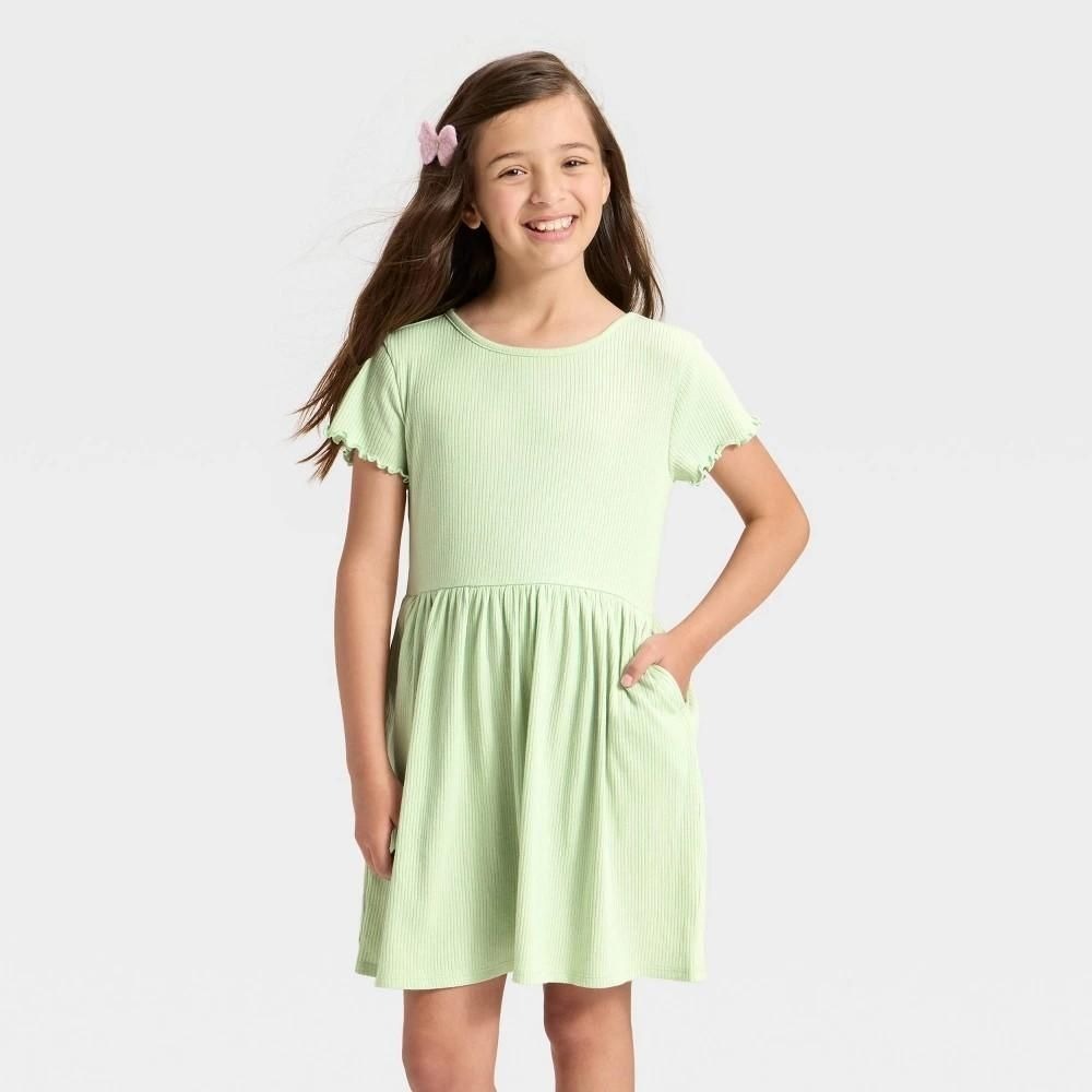 Cat & Jack Girls Short Sleeve Ribbed Dress Sage Green Lettuce Trim Pockets S 6/7